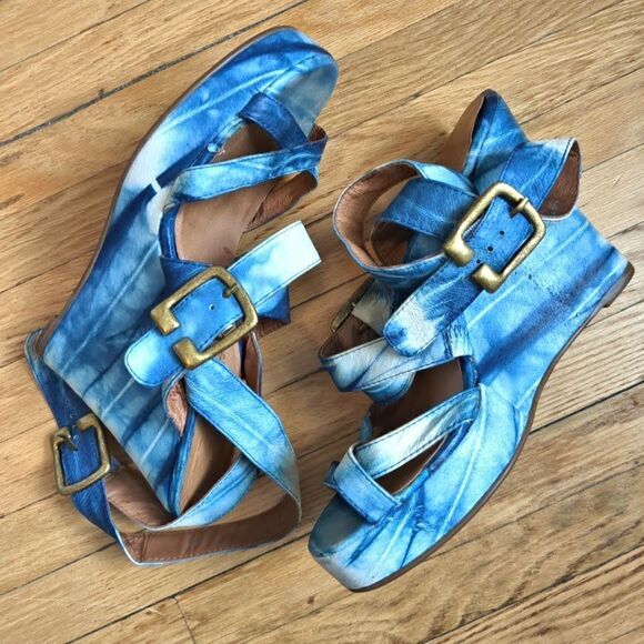 Vintage y2k Jeffrey Campbell Sandals Wedge Blue Tie Dye Leather Size 8.5 - Picture 1 of 11